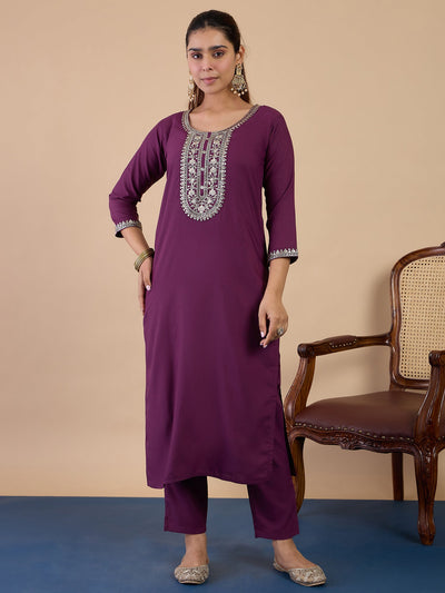 Indyancart VV Purple Elegant Embroidered Kurta Pant Set for Women