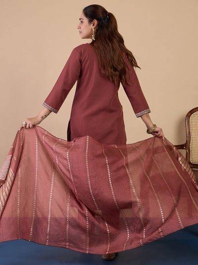 Indyancart VV Brown Women's Traditional Kurta Pant Set with Dupatta
