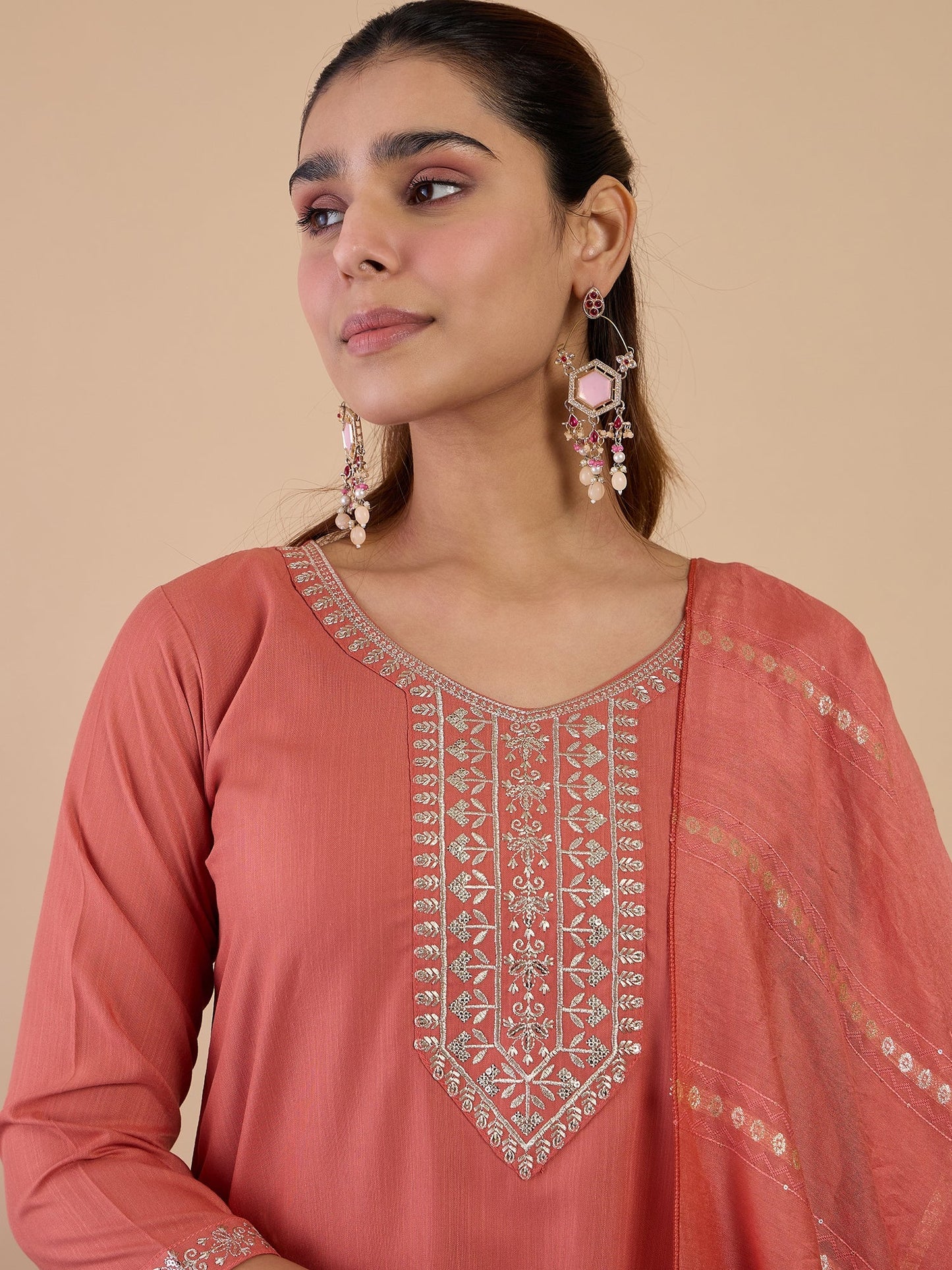 Dhiyona VV Peach Women's Designer Kurta Pant Set Premium Pattern Collection