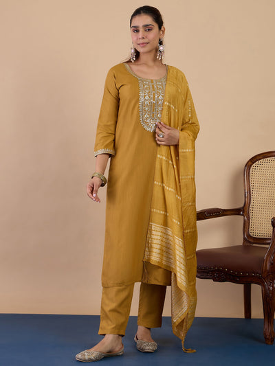 Indyancart VV Mustard Elegant Embroidered Kurta Pant Set for Women