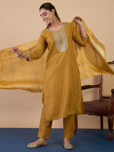Indyancart VV Mustard Elegant Embroidered Kurta Pant Set for Women