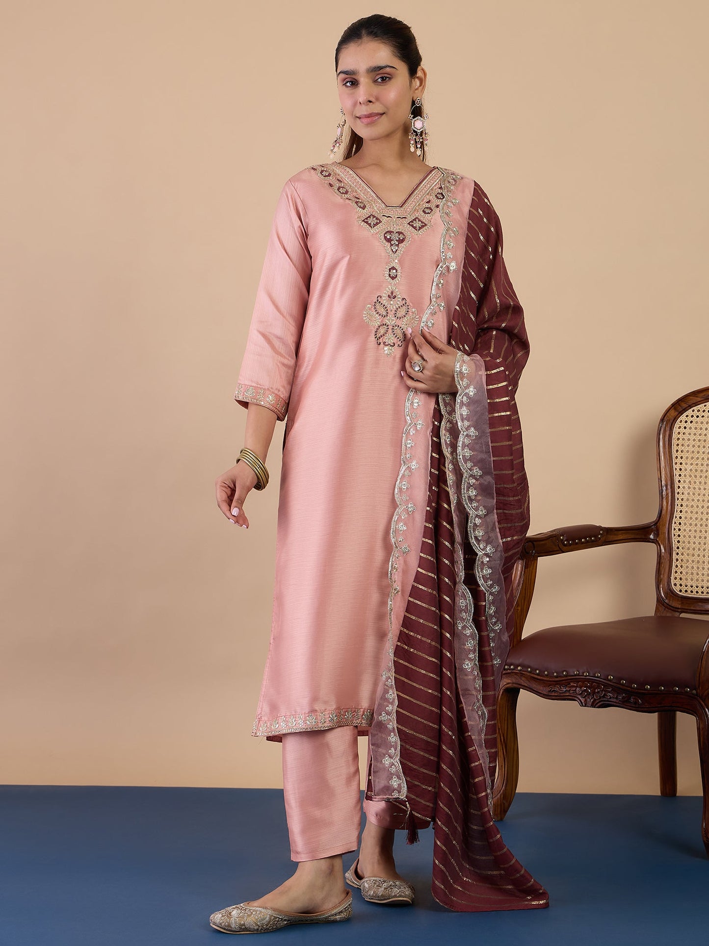 Dhiyona VV Peach Women's Designer Kurta Pant Set Premium Pattern Collection