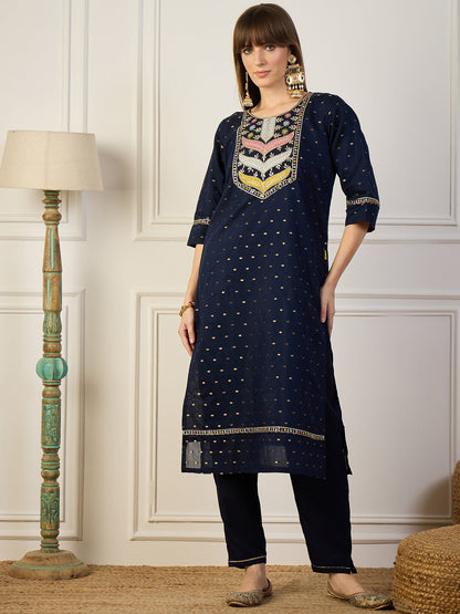 Dhiyona VV Blue Embroidered Chanderi Silk Kurta Set with Embroidered Dupatta