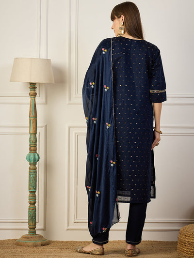 Indyancart VV Bindiya Blue Embroidered Chanderi Silk Kurta Set with Embroidered Dupatta