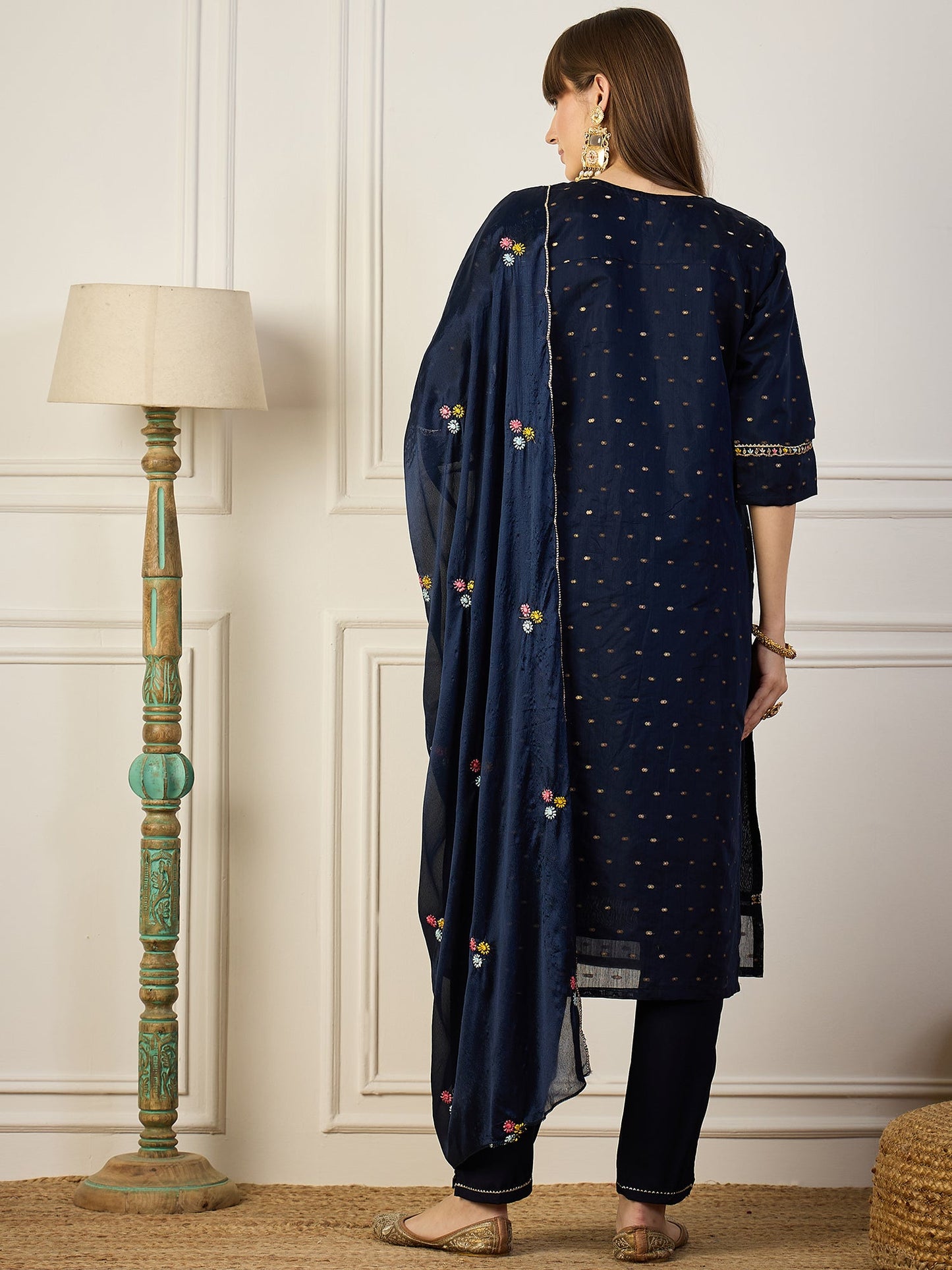 Dhiyona VV Blue Embroidered Chanderi Silk Kurta Set with Embroidered Dupatta