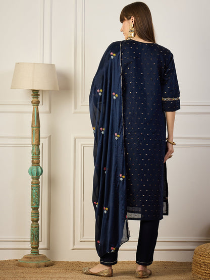 Dhiyona VV Blue Embroidered Chanderi Silk Kurta Set with Embroidered Dupatta