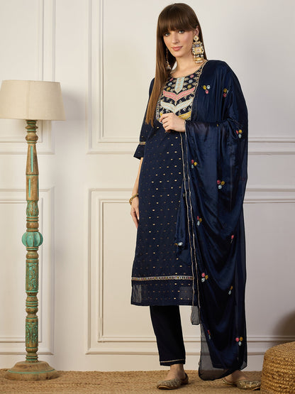Dhiyona VV Bindiya Blue Embroidered Chanderi Silk Kurta Set with Embroidered Dupatta