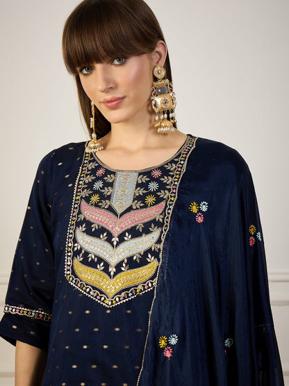 Dhiyona VV Bindiya Blue Embroidered Chanderi Silk Kurta Set with Embroidered Dupatta