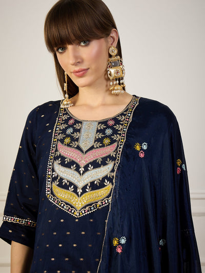 Indyancart VV Blue Embroidered Chanderi Silk Kurta Set with Embroidered Dupatta