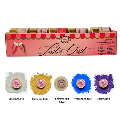 Confect Edible Luster Dust – Pack of 5 | Silver, Gold, Crystal, Blue, Purple |
