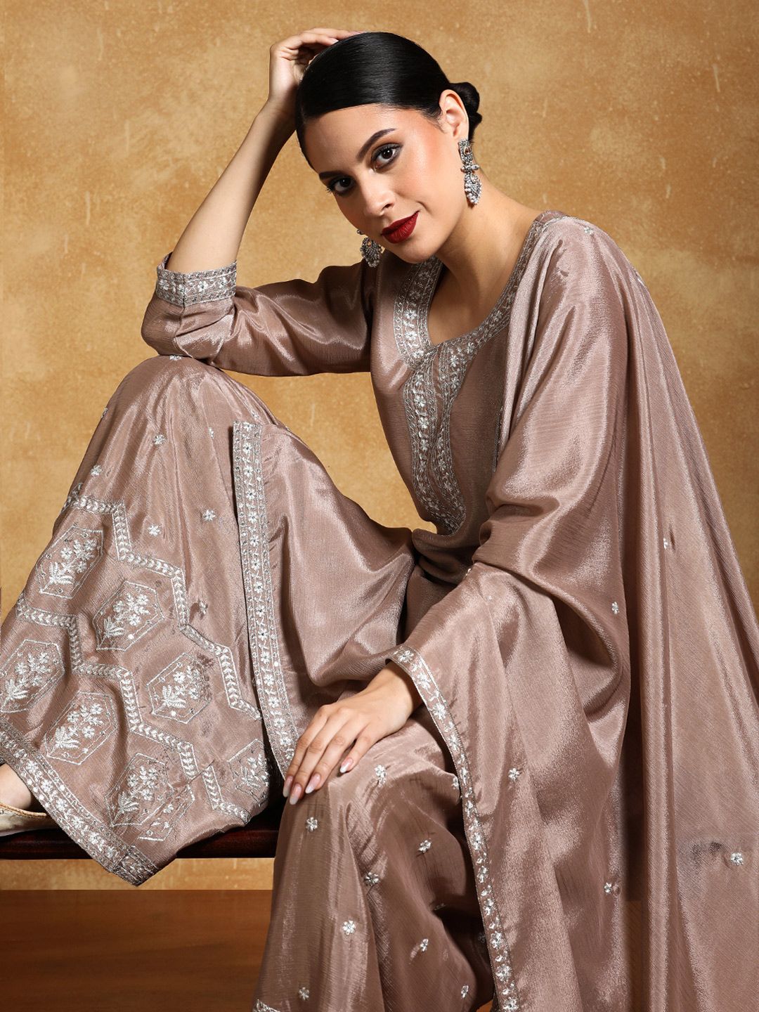 Indyancart VA Floral Yoke Design Zari Straight Kurta With Sharara And Dupatta