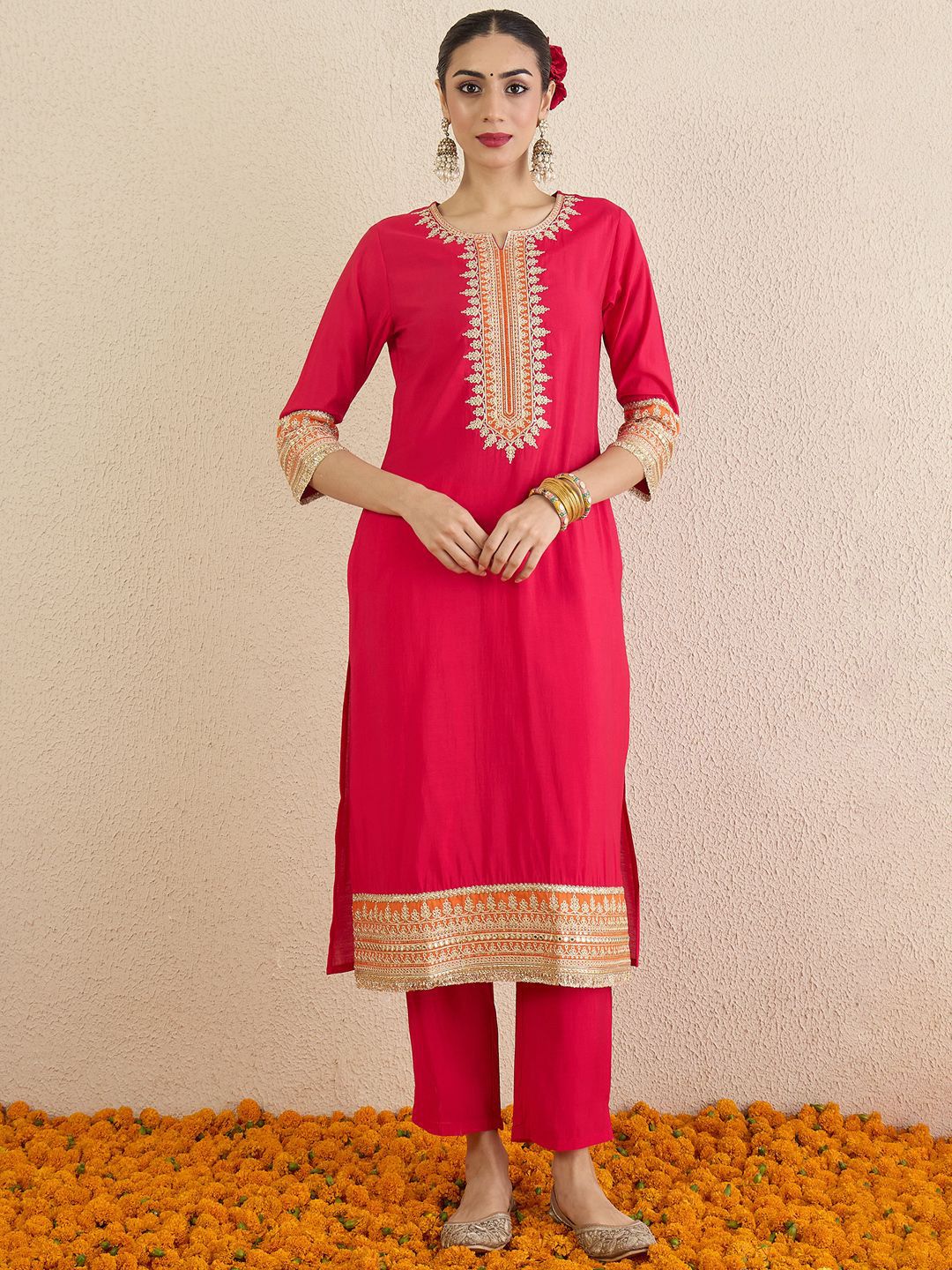 Ethnic Motifs Embroidered Notch Neck Straight Kurta With Trousers & Dupatta