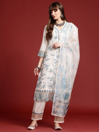 Indyancart IE Floral Embroidered Lace Detailed Layered Kurta & Trousers With Dupatta