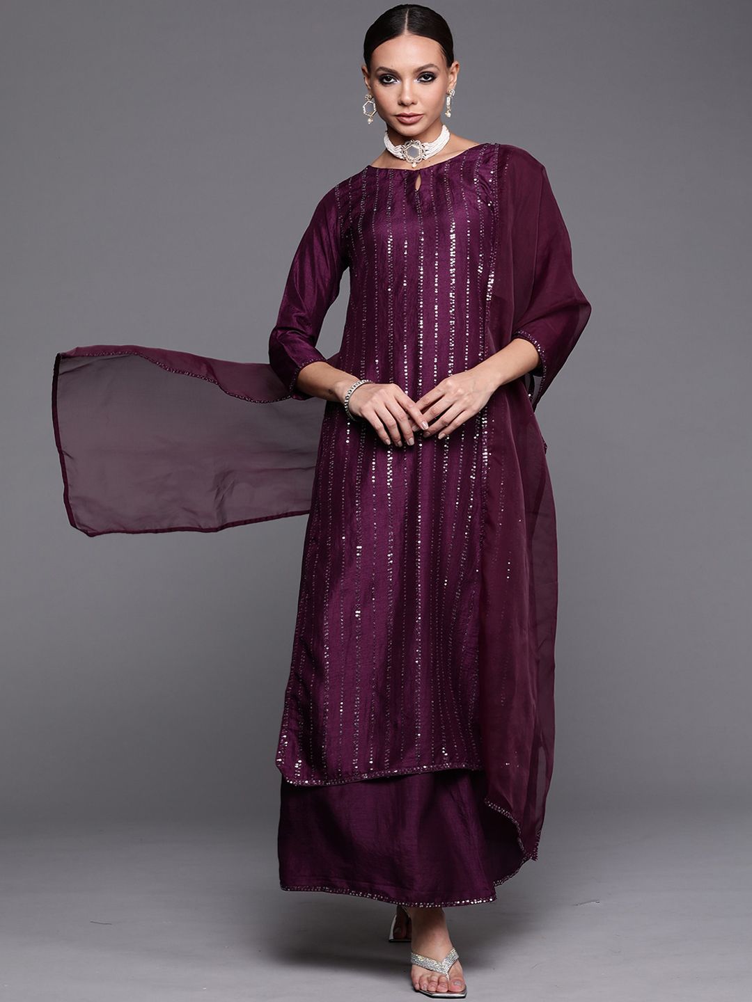 Indyancart IE Purple Embellished Keyhole Neck Kurta with Palazzos & Dupatta