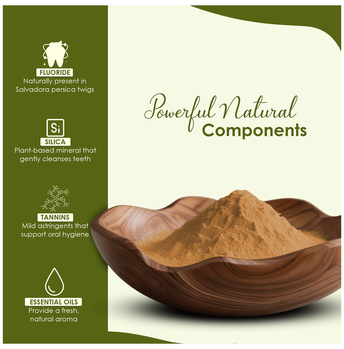 Miniature Miswak tooth powder in a small container, natural herbal dental product with finely ground Siwak powder.
