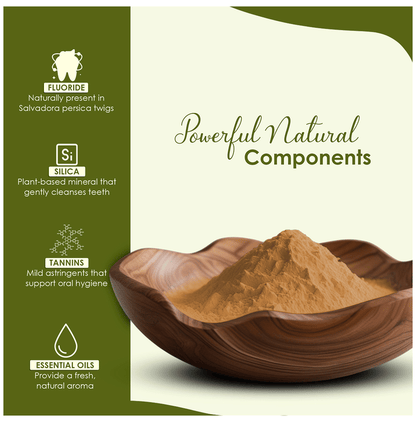 Miniature Miswak tooth powder in a small container, natural herbal dental product with finely ground Siwak powder.