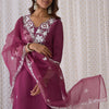 Dhiyona IE Floral Embroidered V-Neck Thread Work Straight Kurta with Trousers & Dupatta