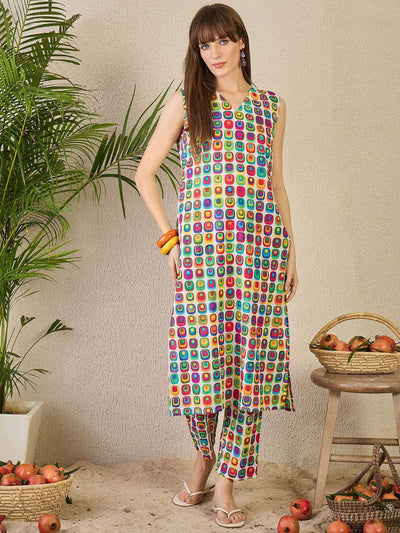 Indyancart IE Geometric Printed V-Neck Pure Cotton Kurta With Trousers