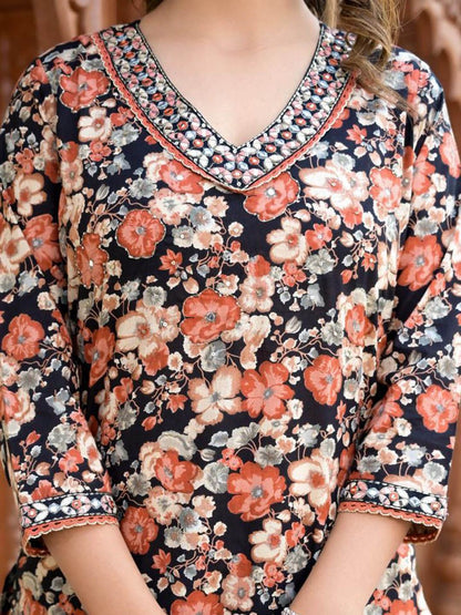 Indyancart VA Women'sFloral Embellished Kurta Paired With Afghani Trousers & Dupatta