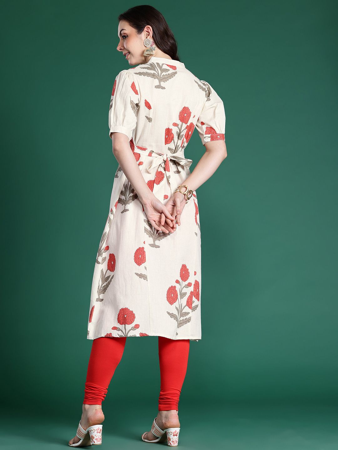 Indyancart IE Floral Printed Puff Sleeves Pure Cotton Kurta