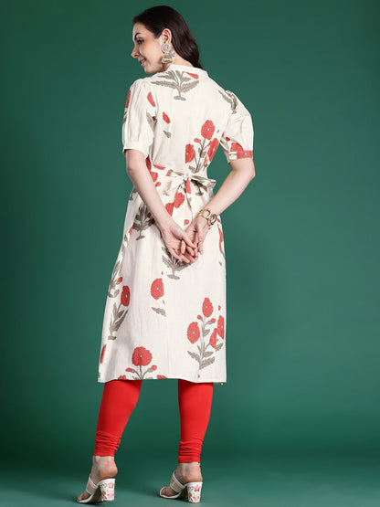 Indyancart IE Floral Printed Puff Sleeves Pure Cotton Kurta