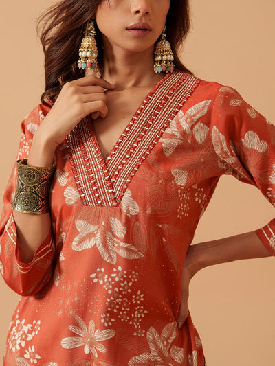 Indyancart SN Women's Floral Printed Chanderi Cotton V-Neck Straight Kurta With Trousers