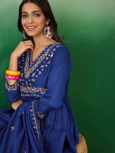 Indyancart SN Women's Floral Embroidered A-Line Kurta With Palazzo & Dupatta