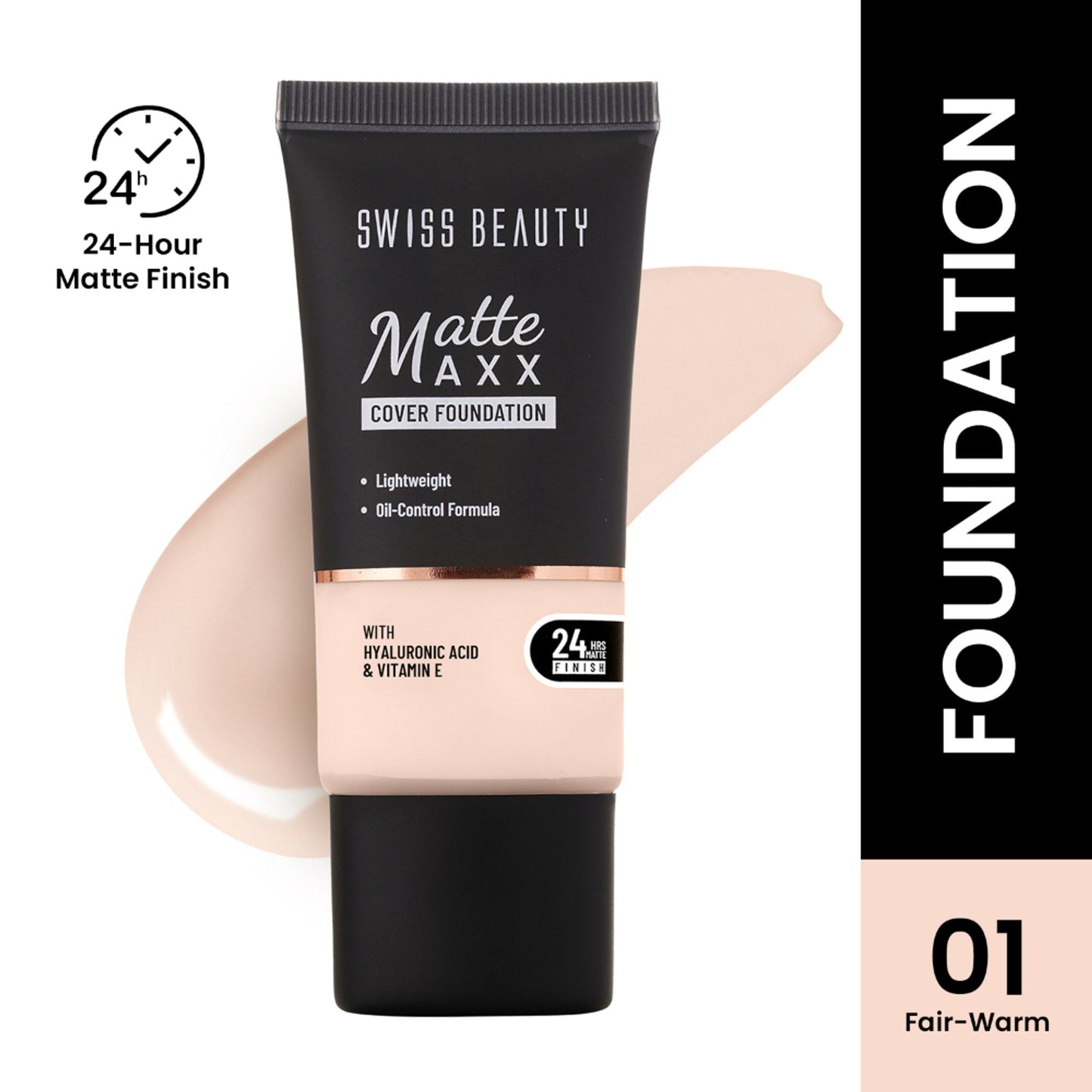 Swiss Beauty Matte Maxx Cover Foundation with Hyaluronic Acid & Vitamin E - 1 Fair Warm