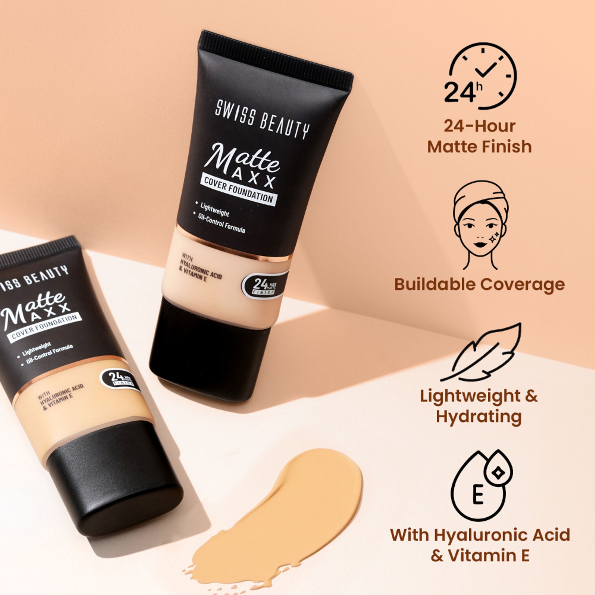 Swiss Beauty Matte Maxx Cover Foundation with Hyaluronic Acid & Vitamin E - 2 Ivory Cool