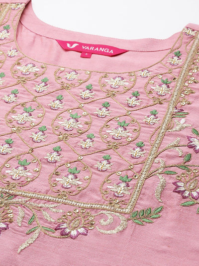 Indyancart VA Women'sFloral Yoke Design Sequinned Dupion Silk Straight Kurta with Trouser & Dupatta