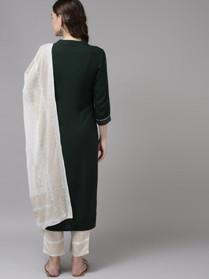 Women Green & White Embroidered Kurta with Trousers & Dupatta