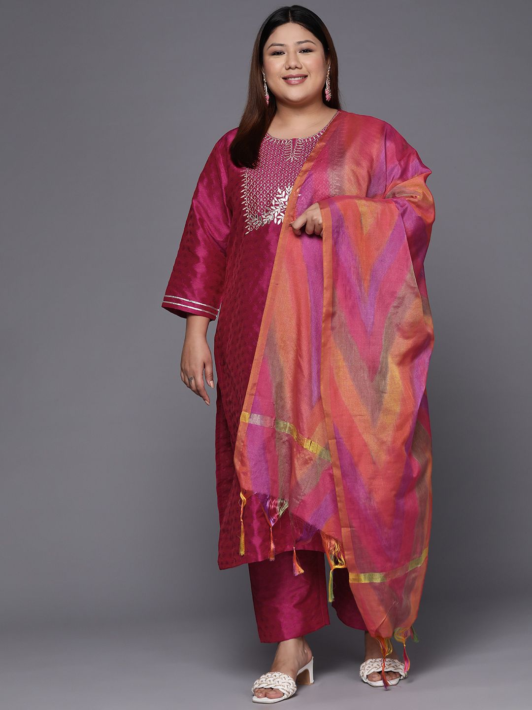 Indyancart VA Women's Magenta Floral Embroidered Kurta with Trousers & Dupatta