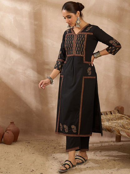 Women Ethnic Motifs Embroidered Pleated Sequinned Pure Cotton Kurta with Trousers