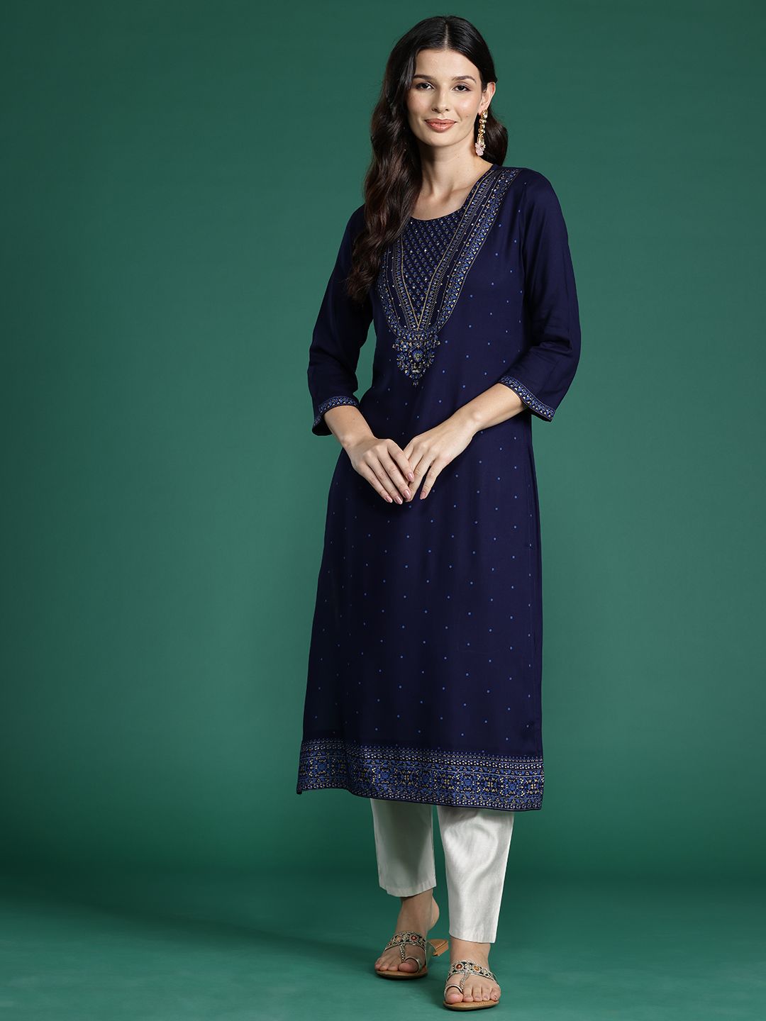 Indyancart IE Pack of 2 Floral Foil Printed Sequined Kurta