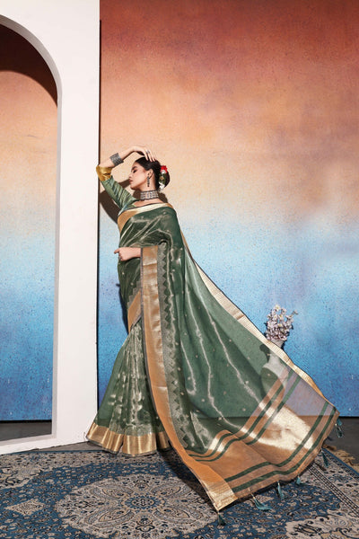 Indyancart GR Women's Kalki Bottle Green Tissue Cotton Silk Saree