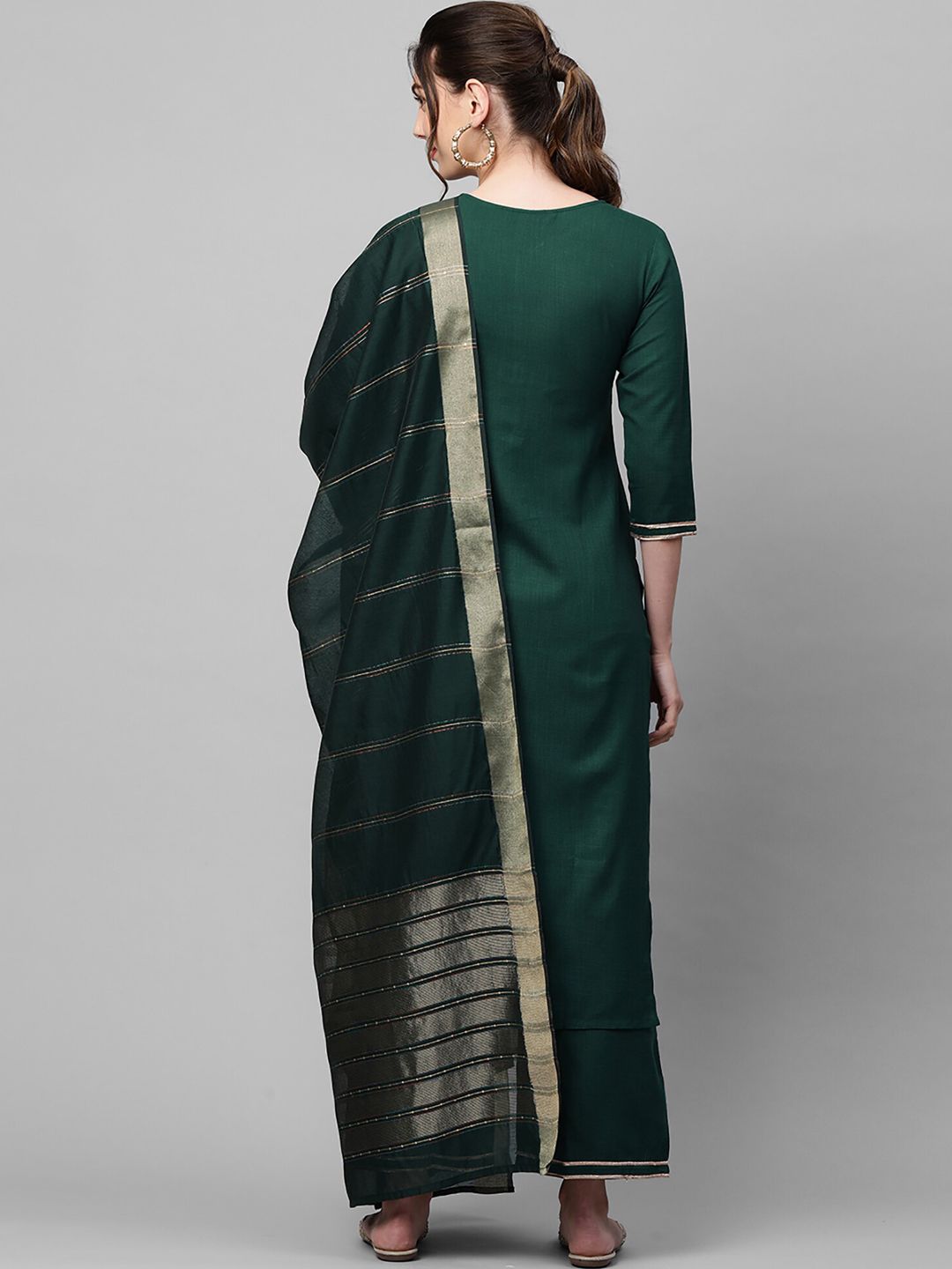Indyancart IE Women Green Pure Cotton Kurta with Palazzos & Dupatta