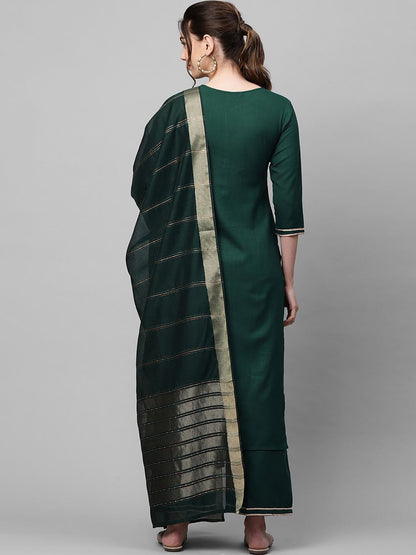 Indyancart IE Women Green Pure Cotton Kurta with Palazzos & Dupatta