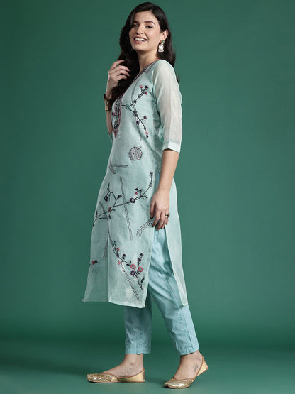 Indyancart IE Floral Embroidered Thread Work Pure Cotton Kurta with Trousers & With Dupatta