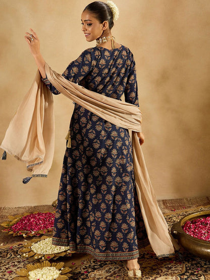 Indyancart IE Floral Printed Angrakha Mirror Work Pure Cotton A-Line Kurta & Trousers & Dupatta