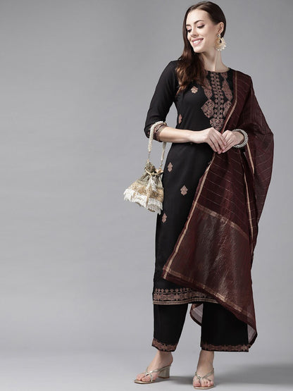 Dhiyona IE Women Ethnic Printed Cotton Kurta with Palazzos & Dupatta