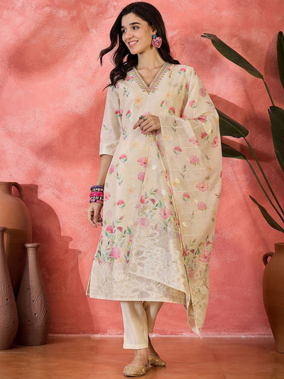 Indyancart SN Women's Floral Printed Straight Kurta With Trouser & Dupatta