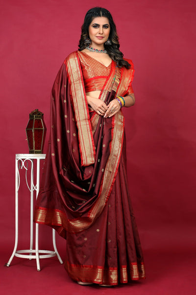 Indyancart GR Women's Anarkali Maroon Zari Paithani Silk Saree