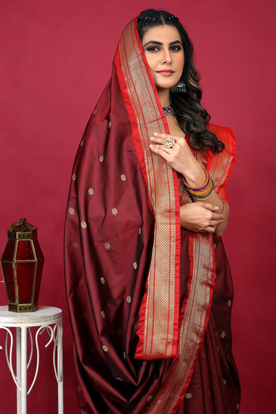 Indyancart GR Women's Anarkali Maroon Zari Paithani Silk Saree