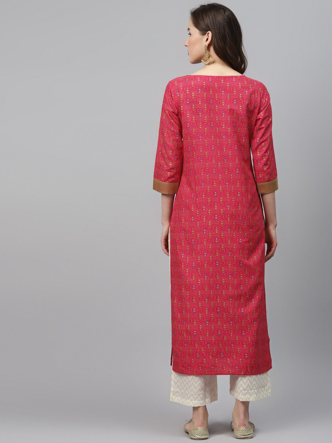 Indyancart IE Women Pink & Peach-Coloured Foil Print Straight Kurta