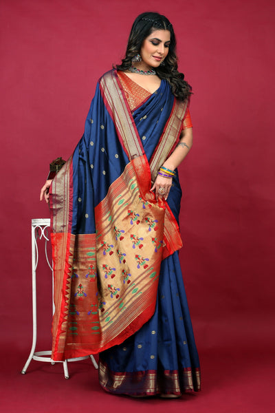 Indyancart GR Women's Anarkali Navy Zari Paithani Silk Saree