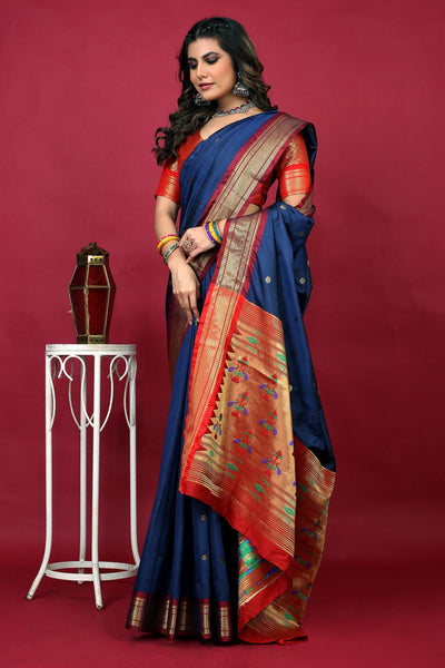 Indyancart GR Women's Anarkali Navy Zari Paithani Silk Saree