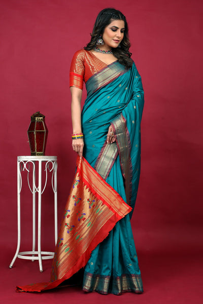 Indyancart GR Women's Anarkali Cyan Blue Zari Paithani Silk Saree