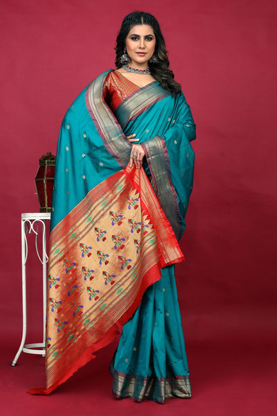 Indyancart GR Women's Anarkali Cyan Blue Zari Paithani Silk Saree