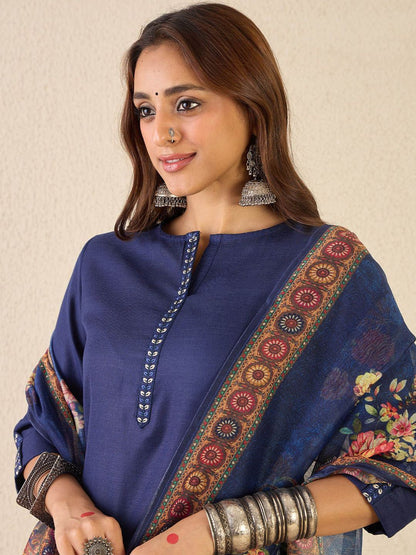 Notch Neck Straight Kurta With Trousers & Dupatta