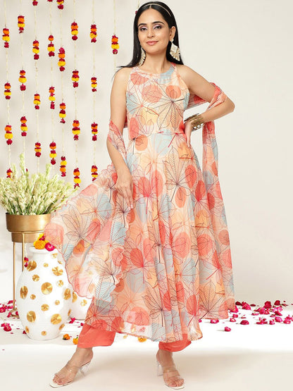 Dhiyona VA Women'sFloral Printed Halter Neck Anarkali Kurta & Trousers With Dupatta